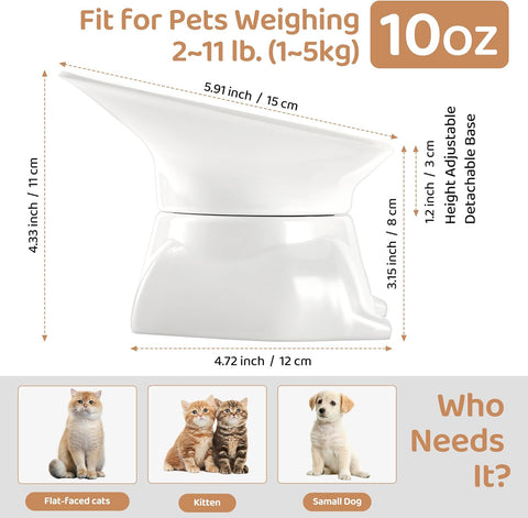 Tilted Raised Slow Feeder for Cats & Small Dogs, Cute Elevated Cat Bowls and Dishes, Food Grade Porcelain Imitated Material, 3.5'' High, White