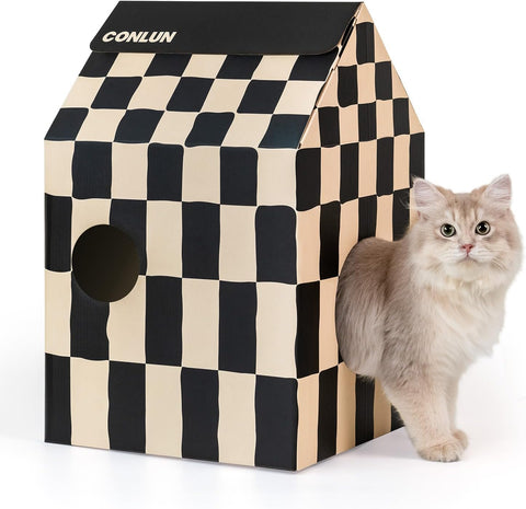 Cardboard Cat House with Cat Scratch Pad&Catnip,Easy-To-Assemble Cat Scratcher Cardboard House for Various Home Decor,Cat Scratching Home Toy for Indoor Cats&Small Animals Birthday