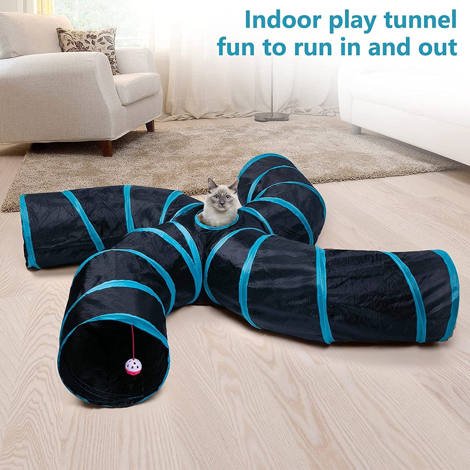 Cat Tunnel, 4 Way S Shape Collapsible Tube with Interactive Ball & Storage Bag, Pet Toys for Small Pets, Cat, Puppy, Kitty, Kitten, Rabbit (Black & Blue)