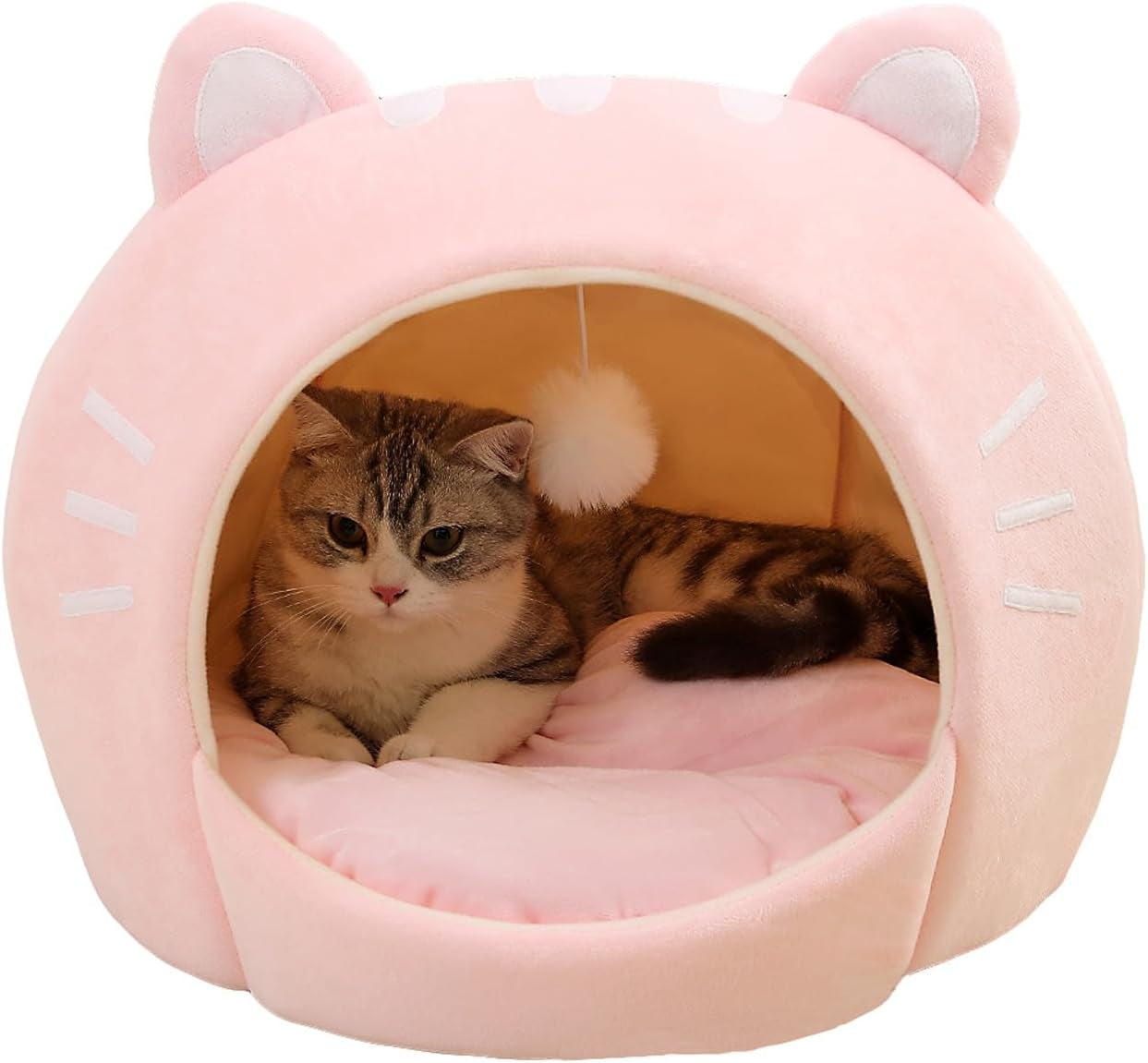 Indoor Cat Bed Cave with Removable Cushion - Pet Plush Tent House Cartoon Ear Design Pet Bed with Pompom for Cats Kitten Dogs Puppy and Rabbit Pink and White L