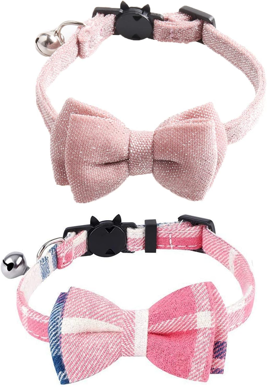 Cat Collar Breakaway with Bowtie Bell, Pink Bling Kitten Collar with Removable Cat Bow Tie Collar for Kitty Cat (7.4-10.8 Inch)