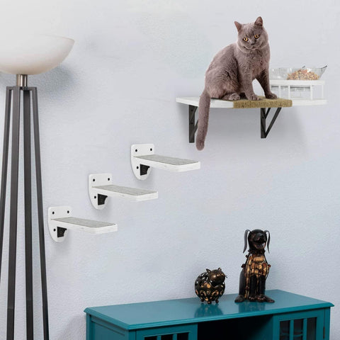 Cat Hammock Cat Wall Shelves with 3 Steps, Cat Shelves and Perches with 2 Cat Food Shelf, Cat Climbing Shelf Cat Scratching Post Cat Wall Shelf for Indoor, Cat Steps with Plush Covered, Gift for Cat