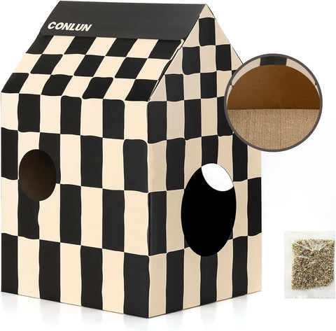 Cardboard Cat House with Cat Scratch Pad&Catnip,Easy-To-Assemble Cat Scratcher Cardboard House for Various Home Decor,Cat Scratching Home Toy for Indoor Cats&Small Animals Birthday