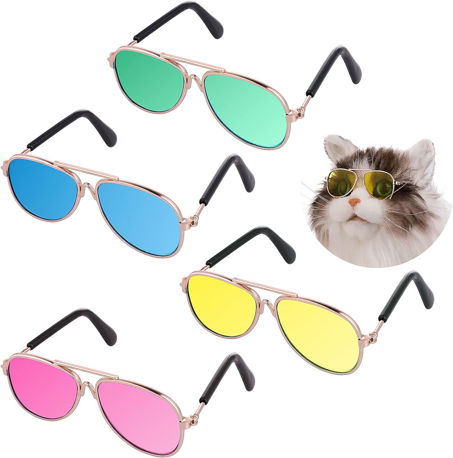 Cat Sunglasses- Pet Puppy UV Protection Sunglasses Dolls Sun Glasses, Small Dog Cosplay Photo Props Cute Sunglasses (4Pcs- Aviator Sunglasses)