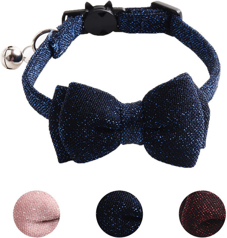 Cat Collar Breakaway with Bowtie Bell, Pink Bling Kitten Collar with Removable Cat Bow Tie Collar for Kitty Cat (7.4-10.8 Inch)