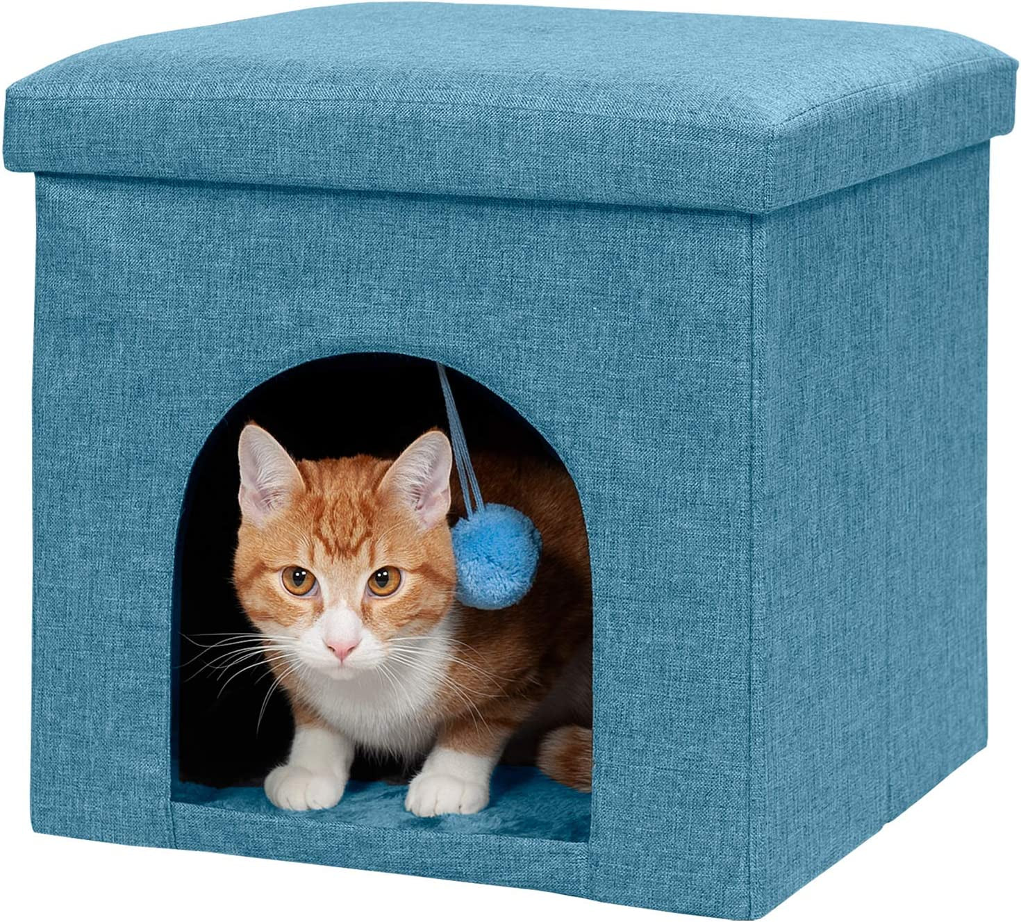 Pet House for Indoor Cats & Medium/Small Dogs, Collapsible & Foldable W/ Plush Ball Toy - Living Room Ottoman Cat Condo - Stormy Gray, Large