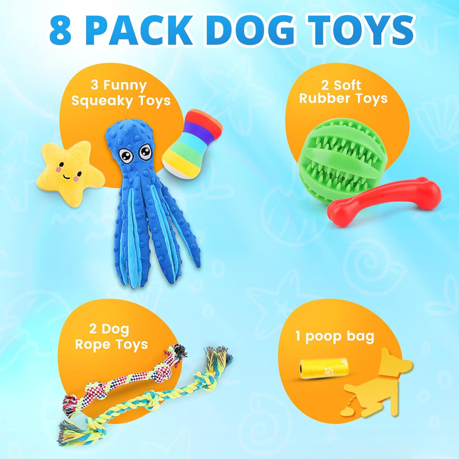 Puppy Toys 8 Pack for Small Dogs, Luxury Christmas Dog Chew Toys with Squeaky Plush Toys, Rope Toys and Ball, Teething Toys for Puppy Supplies (Blue)