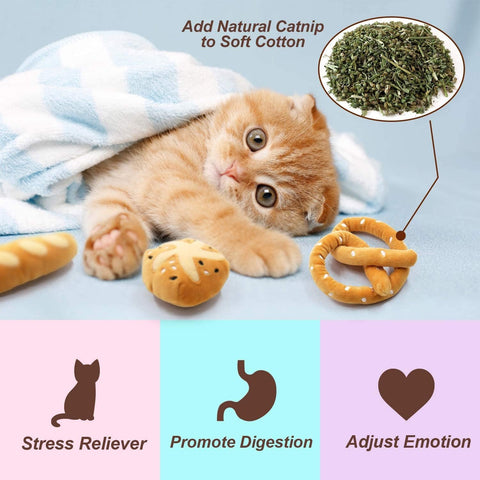 Bread Catnip Toys Kitten Interactive Toys for Cat Lover Gifts Kitty Chew Bite Kick Toys Supplies Baguette Croissant Pretzel Toast Bun Cinnamon Roll Plush Catmint Pet Birthday Presents Set of 6