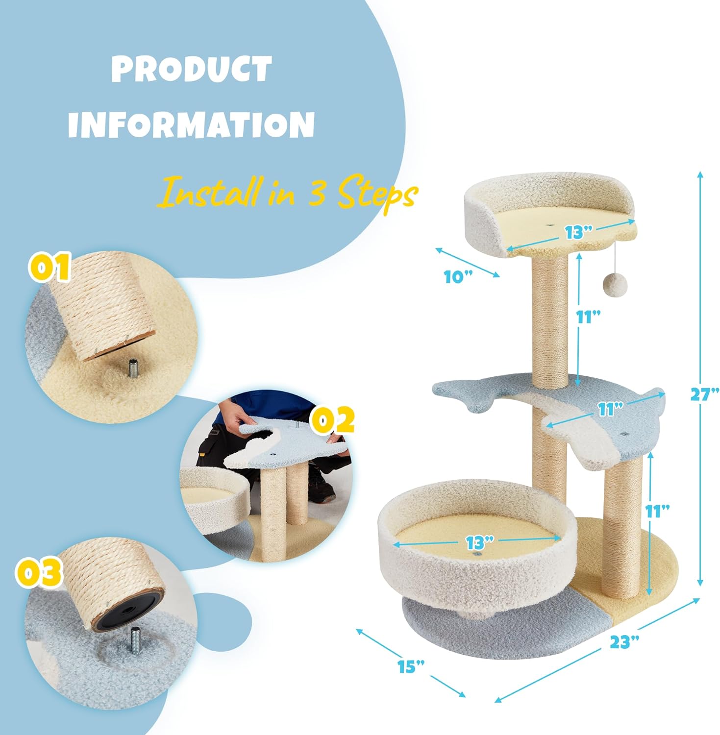 Dolphin Cat Tree for Indoor Cats, 27" Cat Tower with Scratching Post, Modern Cute Toys Furniture, Multi-Level Plush Bed Perches, and Interactive Dangling Ball for Small Pet Play,Blue