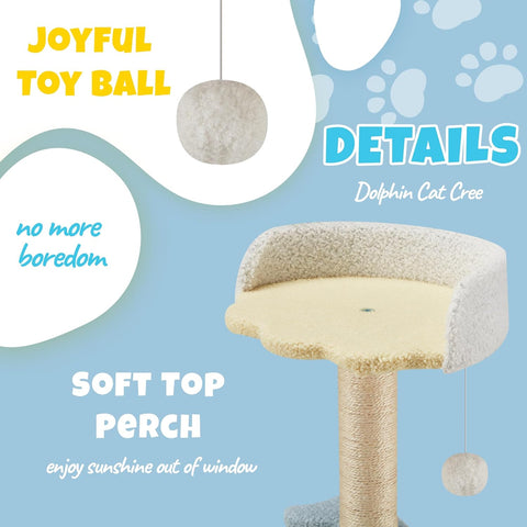 Dolphin Cat Tree for Indoor Cats, 27" Cat Tower with Scratching Post, Modern Cute Toys Furniture, Multi-Level Plush Bed Perches, and Interactive Dangling Ball for Small Pet Play,Blue