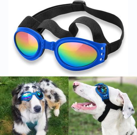 Dog Sunglasses Dog Goggles for Medium Large Breed Dogs, Wind Dust Fog Protection Eye Wear Pet Glasses with Adjustable Strap for Motorcycle Car Driving Bike Riding Hiking Swimming over 15Lbs Blue