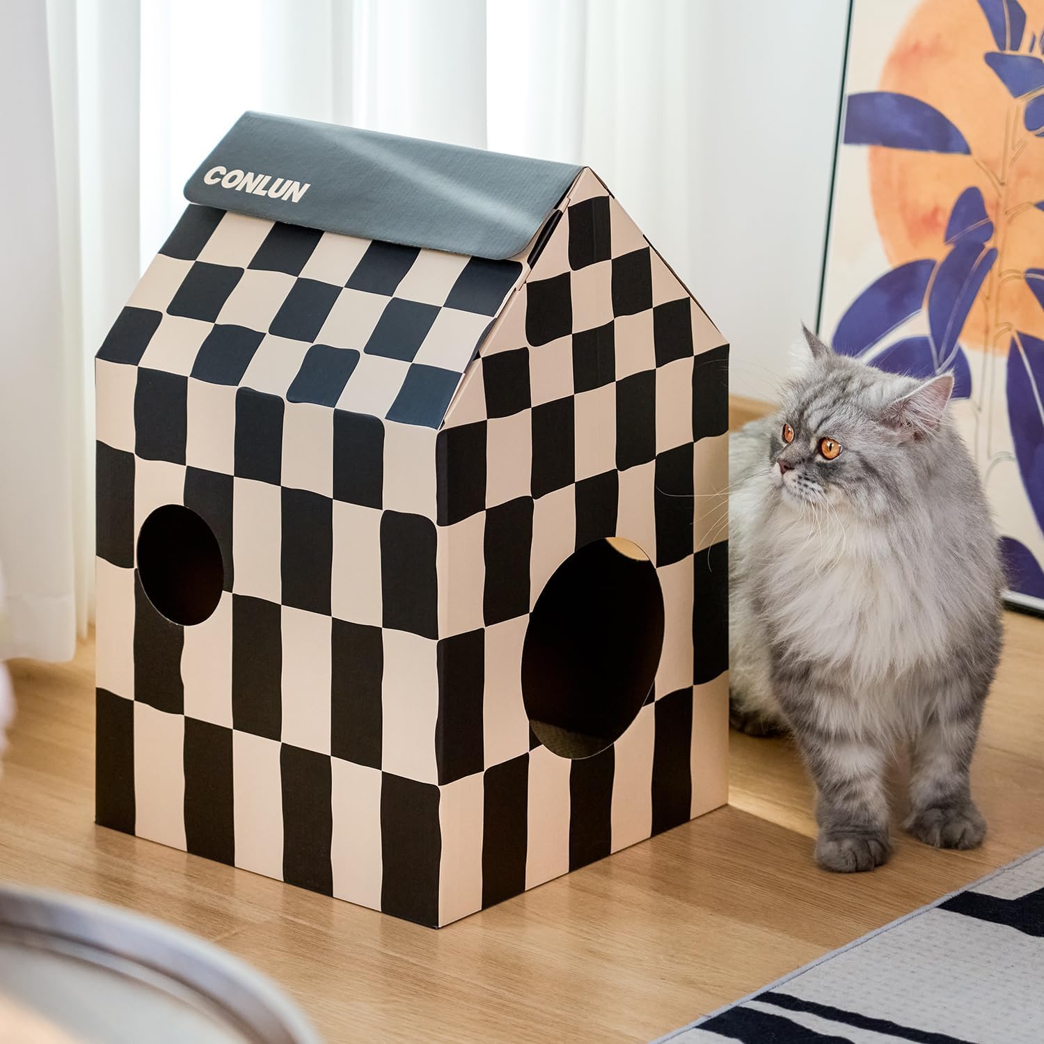 Cardboard Cat House with Cat Scratch Pad&Catnip,Easy-To-Assemble Cat Scratcher Cardboard House for Various Home Decor,Cat Scratching Home Toy for Indoor Cats&Small Animals Birthday