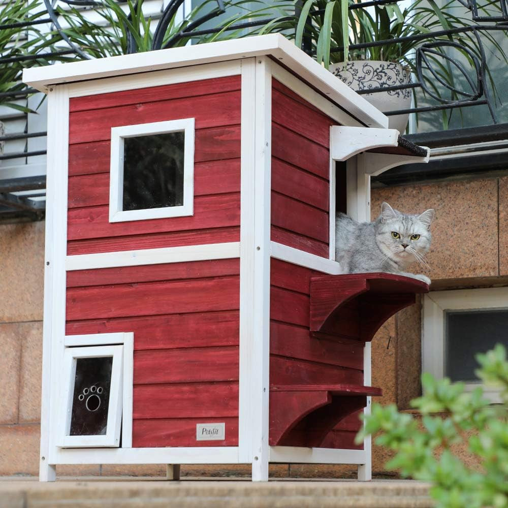 Outdoor Cat House, 2 Story outside Cat Shelter Condo Enclosure with Escape Door for Stray Feral Cats Weatherproof