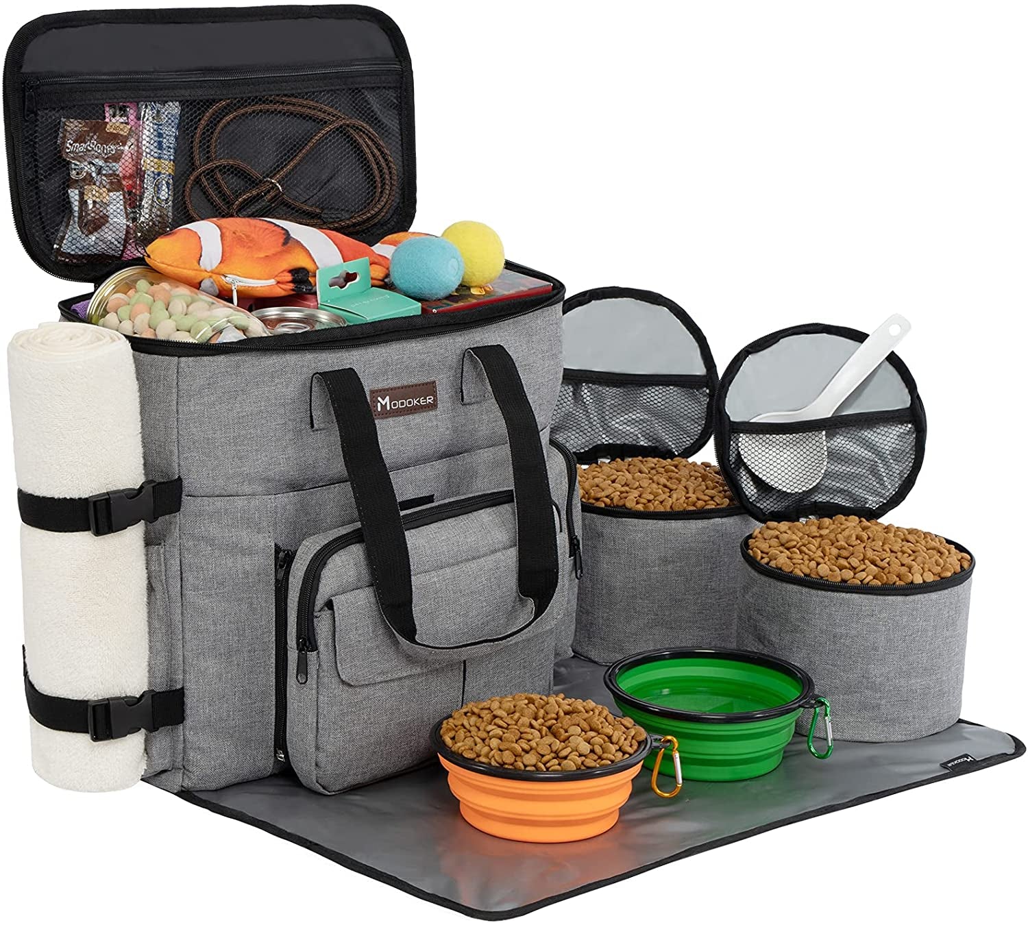 Dog Travel Bag Dog Travel Kit for a Weekend Away Set Includes Pet Travel Bag Organizer for Accessories, 2 Collapsible Dog Bowls, 2 Travel Dog Food Container (Black)