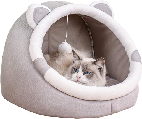 Indoor Cat Bed Cave with Removable Cushion - Pet Plush Warm Tent House Cartoon Rabbit Ear Design Pet Bed with Pompom for Cats Dogs Kitten Puppy and Rabbit Green L