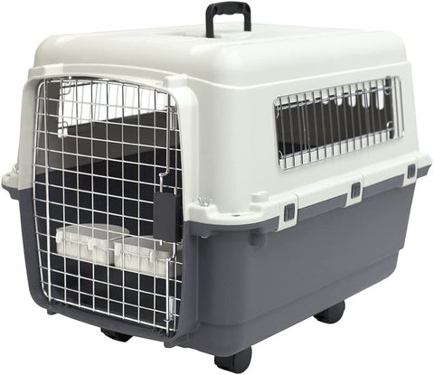 Plastic Kennels Rolling Plastic Wire Door Travel Dog Crate- Large Kennel, Gray