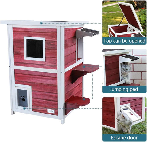 Outdoor Cat House, 2 Story outside Cat Shelter Condo Enclosure with Escape Door for Stray Feral Cats Weatherproof