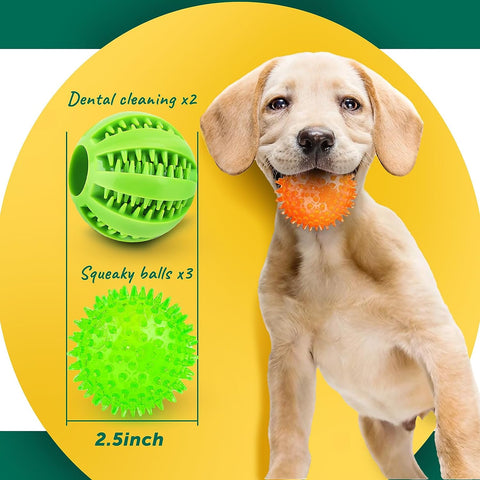 2 Different Functions Interactive Balls for Dogs 2.5” Squeaky Dog Balls Toys and Puppy Teething Chew Toy Balls for Small Dogs Dog Balls for Clean Teeth and Training （5Pcs）