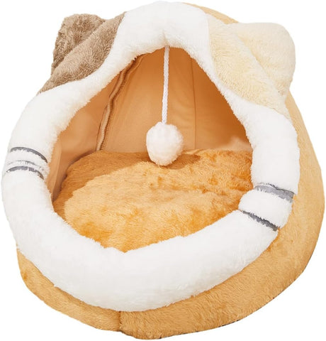 Indoor Cat Bed Cave with Removable Cushion - Pet Plush Warm Tent House Cartoon Rabbit Ear Design Pet Bed with Pompom for Cats Dogs Kitten Puppy and Rabbit Green L