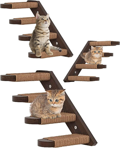 Cat Wall Steps - Solid Rubber Wood Cat Stairs Great for Scratching and Climbing - Easy to Install Wall Mounted Cat Shelves for Playful Cats (Wood, Right-Left)