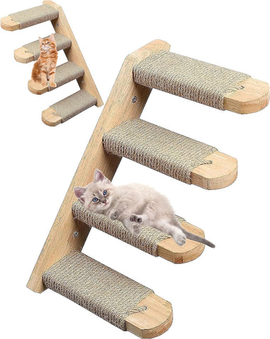 Cat Wall Steps - Solid Rubber Wood Cat Stairs Great for Scratching and Climbing - Easy to Install Wall Mounted Cat Shelves for Playful Cats (Wood, Right-Left)