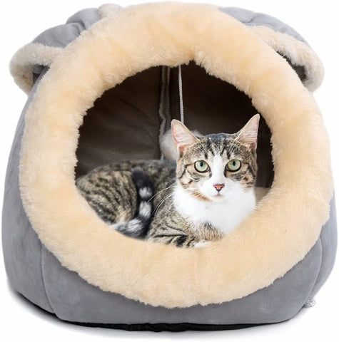 Beds for Indoor Cats - with Anti-Slip Bottom, Rabbit-Shaped Dog Cave with Hanging Toy, Puppy Bed with Removable Cotton Pad, Super Soft Calming Pet Sofa (Grey Small)