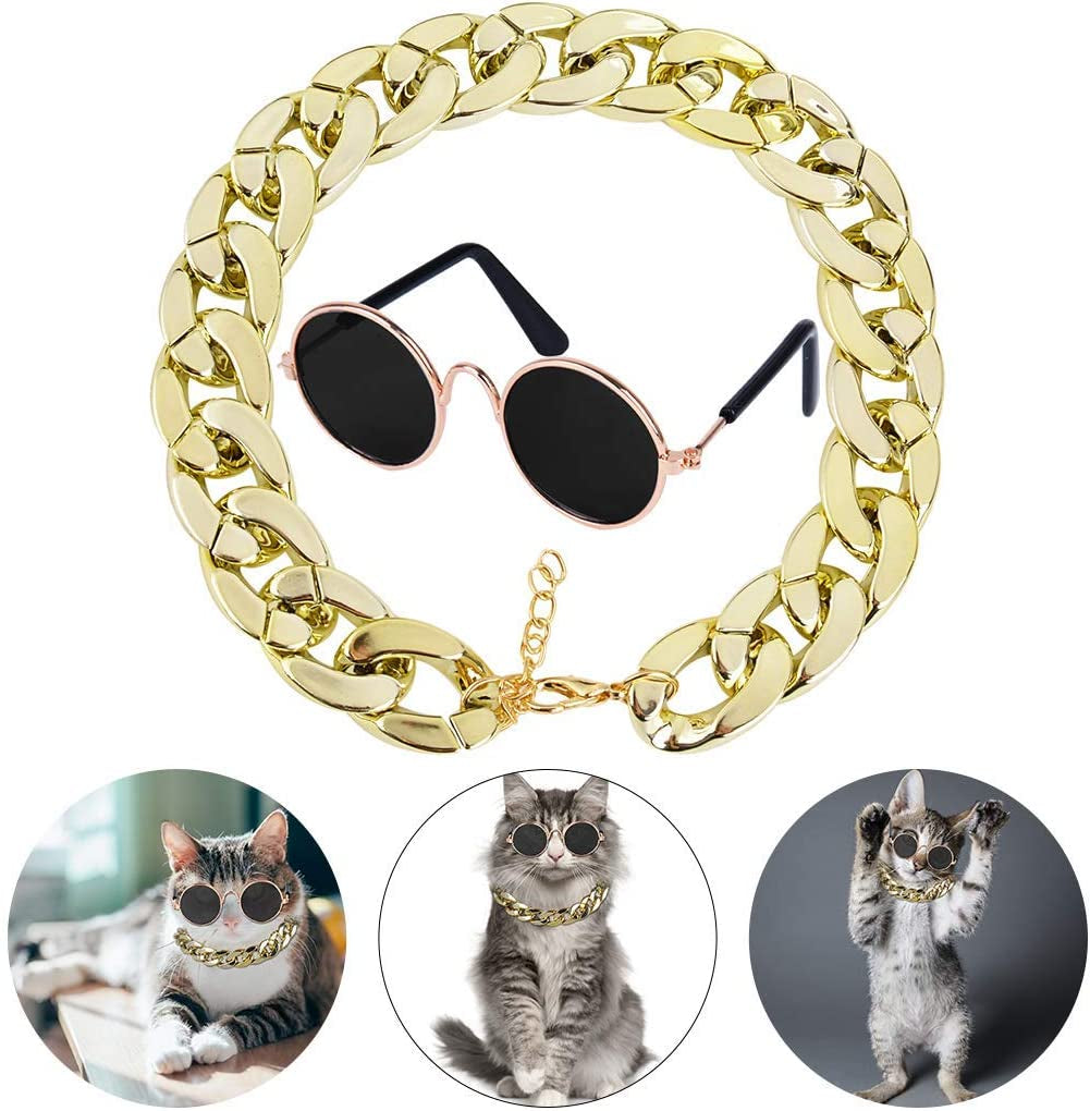 , 2Pcs Fashion Cool Pet Sunglasses Adjustable Pet Gold Chain Set for Cats and Small Dogs