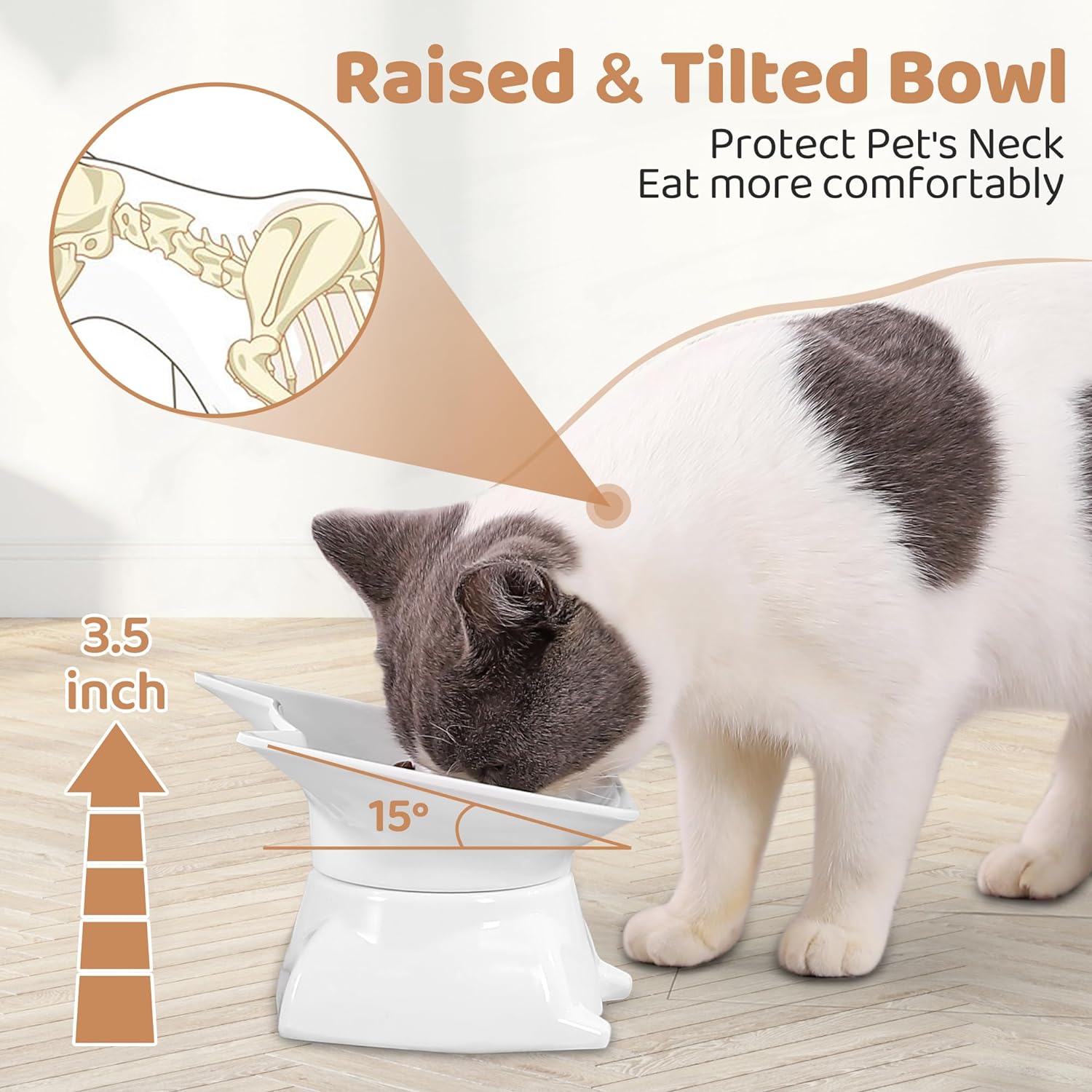 Tilted Raised Slow Feeder for Cats & Small Dogs, Cute Elevated Cat Bowls and Dishes, Food Grade Porcelain Imitated Material, 3.5'' High, White