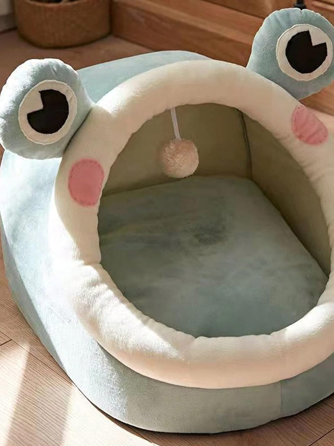 Indoor Cat Bed Cave with Removable Cushion - Pet Plush Warm Tent House Cartoon Rabbit Ear Design Pet Bed with Pompom for Cats Dogs Kitten Puppy and Rabbit Green L