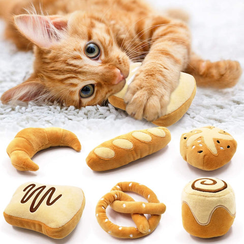 Bread Catnip Toys Kitten Interactive Toys for Cat Lover Gifts Kitty Chew Bite Kick Toys Supplies Baguette Croissant Pretzel Toast Bun Cinnamon Roll Plush Catmint Pet Birthday Presents Set of 6