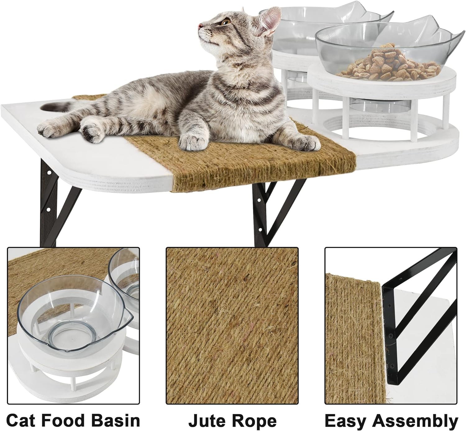 Cat Hammock Cat Wall Shelves with 3 Steps, Cat Shelves and Perches with 2 Cat Food Shelf, Cat Climbing Shelf Cat Scratching Post Cat Wall Shelf for Indoor, Cat Steps with Plush Covered, Gift for Cat