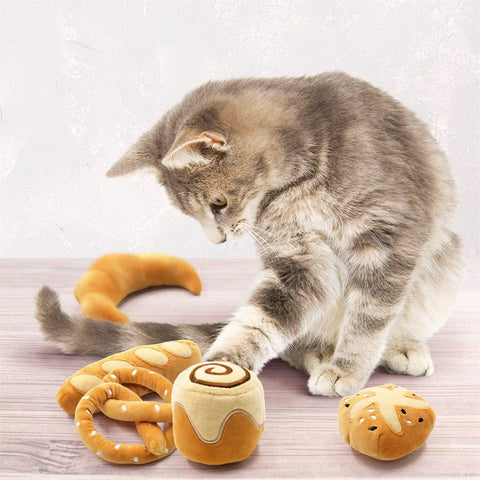 Bread Catnip Toys Kitten Interactive Toys for Cat Lover Gifts Kitty Chew Bite Kick Toys Supplies Baguette Croissant Pretzel Toast Bun Cinnamon Roll Plush Catmint Pet Birthday Presents Set of 6