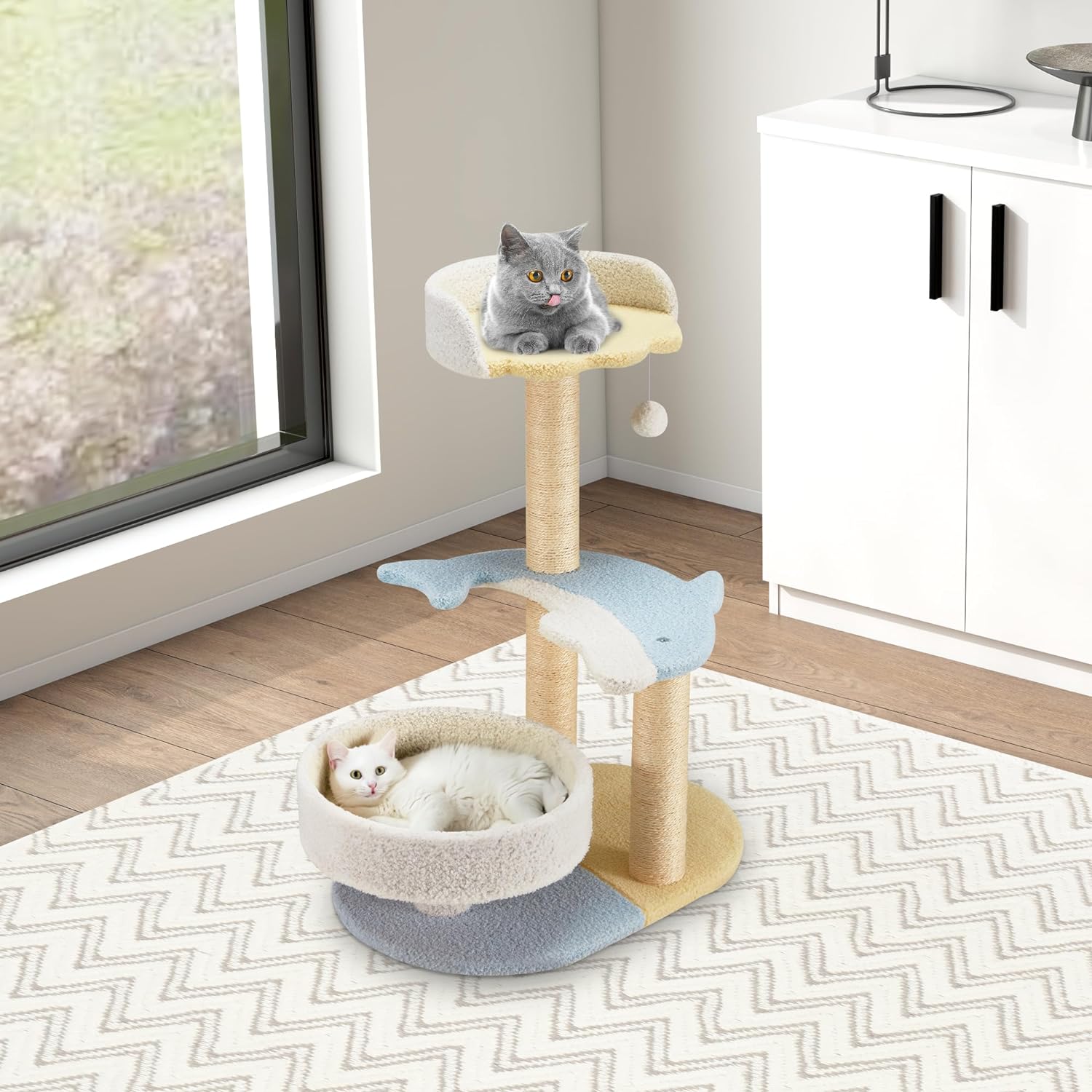 Dolphin Cat Tree for Indoor Cats, 27" Cat Tower with Scratching Post, Modern Cute Toys Furniture, Multi-Level Plush Bed Perches, and Interactive Dangling Ball for Small Pet Play,Blue