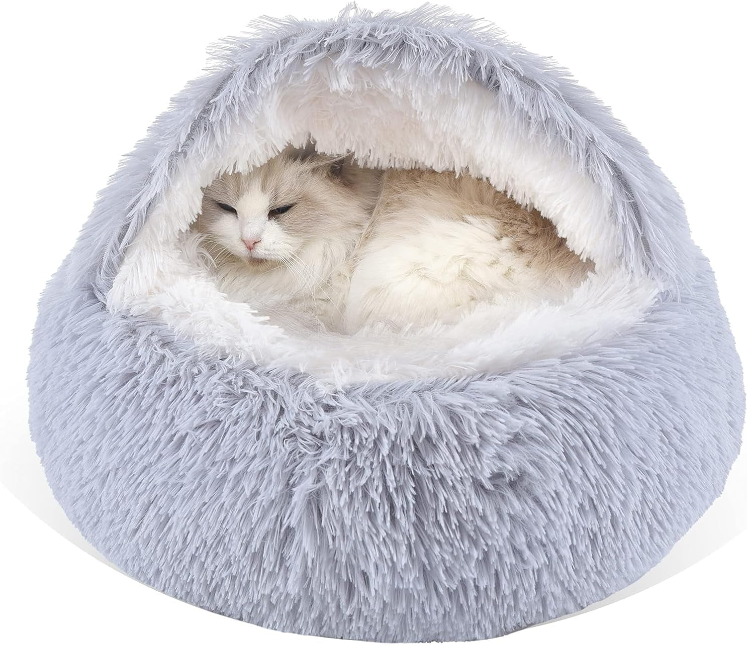 Cat Bed round Fluffy Hooded Cat Bed Cave with Non-Collapsed Plush Cover,Cat Bed Donut for Indoor Cats,Calming Dog Beds&Cat,Anti-Slip&Waterproof Bottom,Washable Bed,20Inch,Grey