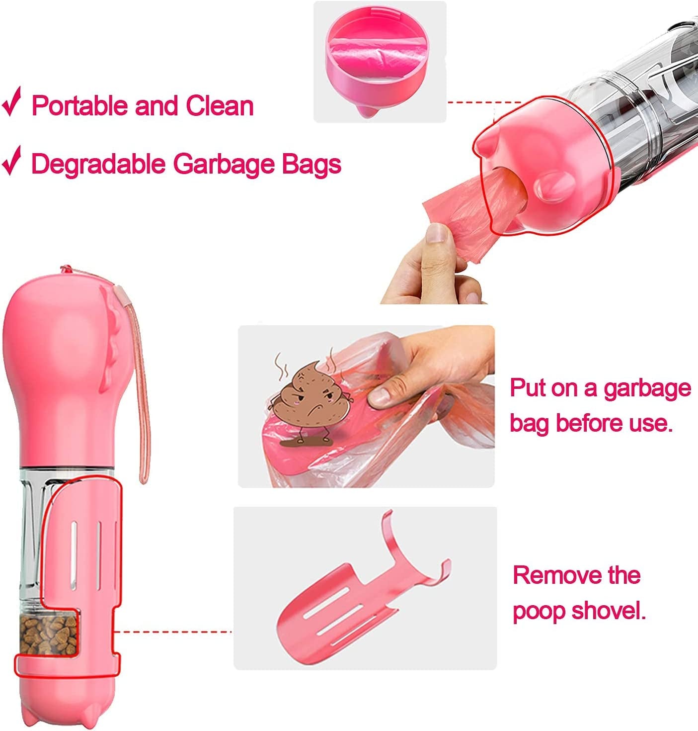 Dog Water Bottle - 10Oz Portable Dog Water Bottle Leak-Proof Dog Drinking Machine with Food Container and Garbage Bag Suitable for Pet Outdoor Dog Accessories（Pink）