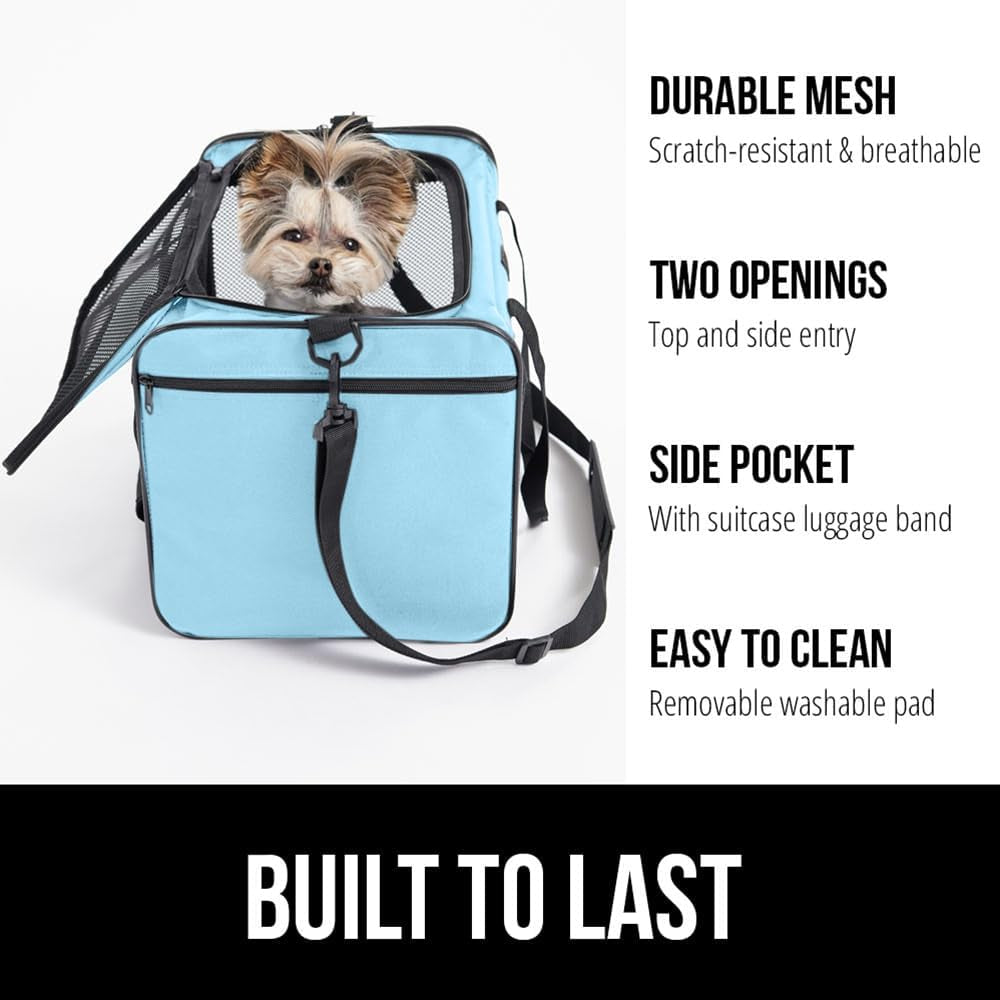 Airline Travel Cat Carrier Bag up to 15 Lbs, Breathable Mesh Collapsible Pet Carriers for Small, Medium Cats, Small Dogs, Puppies, Portable Kennel with Soft Washable Waterproof Pad Blue