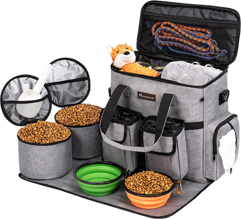 Dog Travel Bag Dog Travel Kit for a Weekend Away Set Includes Pet Travel Bag Organizer for Accessories, 2 Collapsible Dog Bowls, 2 Travel Dog Food Container (Black)