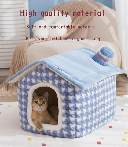 Cat House for Cats, Chimney Cat Houses for Indoor Cats, Enough Interior Space,Pet Bed for Puppy and Kitty, Extra Soft & Machine Washable with Anti-Slip, Cartoon Cute Chimney Cat House Blue L