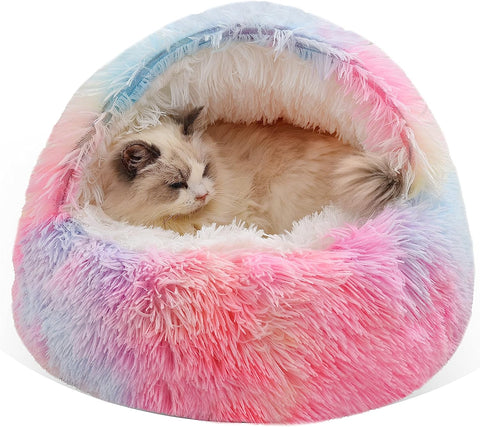 Cat Bed round Fluffy Hooded Cat Bed Cave with Non-Collapsed Plush Cover,Cat Bed Donut for Indoor Cats,Calming Dog Beds&Cat,Anti-Slip&Waterproof Bottom,Washable Bed,20Inch,Grey