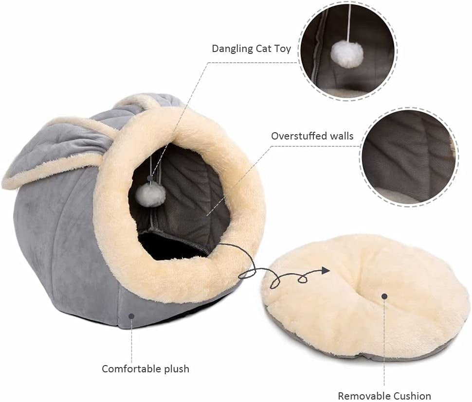 Beds for Indoor Cats - with Anti-Slip Bottom, Rabbit-Shaped Dog Cave with Hanging Toy, Puppy Bed with Removable Cotton Pad, Super Soft Calming Pet Sofa (Grey Small)