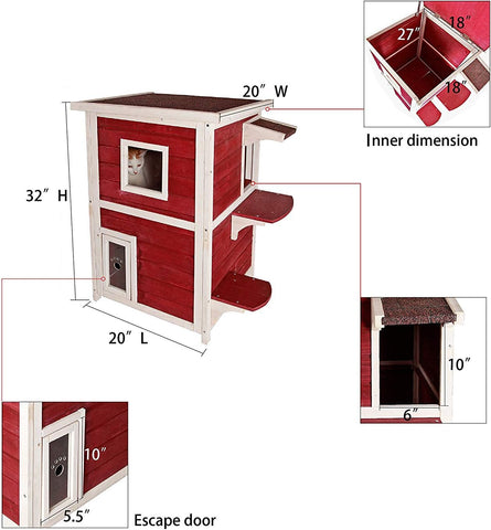 Outdoor Cat House, 2 Story outside Cat Shelter Condo Enclosure with Escape Door for Stray Feral Cats Weatherproof