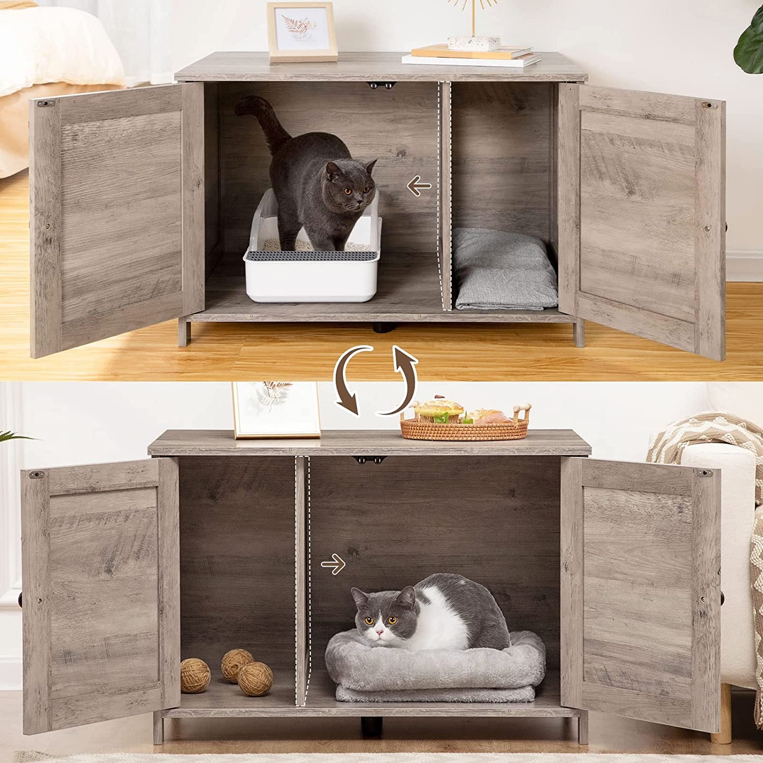 Cat Litter Box Enclosure, Hidden Cat Washroom Furniture with Divider, Wooden Pet House End Table, Large Enough for Most of Orange Cat and Litter Box, Living Room, Bedroom, Greige BG03MW01