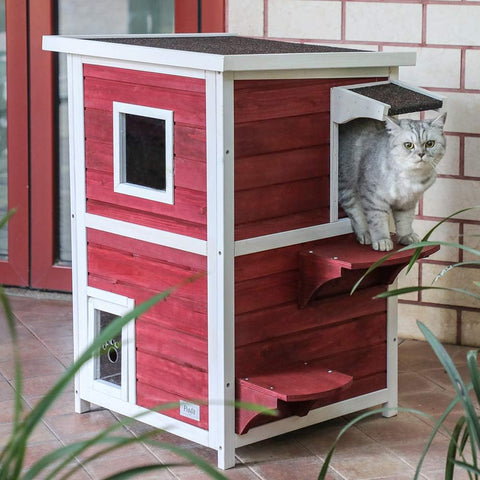 Outdoor Cat House, 2 Story outside Cat Shelter Condo Enclosure with Escape Door for Stray Feral Cats Weatherproof