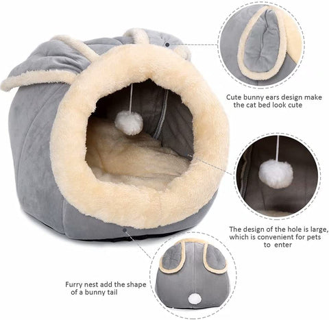 Beds for Indoor Cats - with Anti-Slip Bottom, Rabbit-Shaped Dog Cave with Hanging Toy, Puppy Bed with Removable Cotton Pad, Super Soft Calming Pet Sofa (Grey Small)