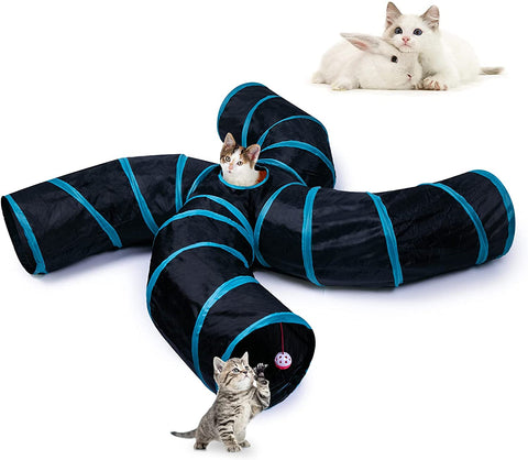 Cat Tunnel, 4 Way S Shape Collapsible Tube with Interactive Ball & Storage Bag, Pet Toys for Small Pets, Cat, Puppy, Kitty, Kitten, Rabbit (Black & Blue)