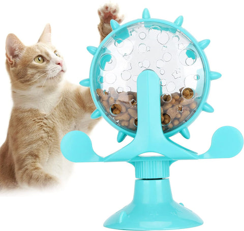 Interactive Cat Food Treats Dispenser Toy, Pet Slow Feeder Feed Training Toy Cat Windmill Toy Dog Food Dispenser, 360° Rotating Windmill Suction Cup Toys for Educational Interactive Training (Blue)