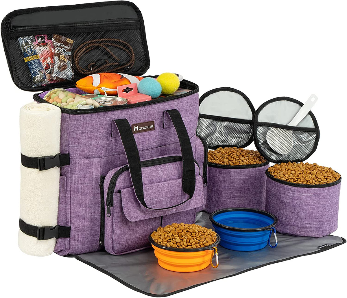 Dog Travel Bag Dog Travel Kit for a Weekend Away Set Includes Pet Travel Bag Organizer for Accessories, 2 Collapsible Dog Bowls, 2 Travel Dog Food Container (Black)