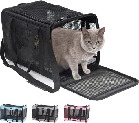 Airline Travel Cat Carrier Bag up to 15 Lbs, Breathable Mesh Collapsible Pet Carriers for Small, Medium Cats, Small Dogs, Puppies, Portable Kennel with Soft Washable Waterproof Pad Blue