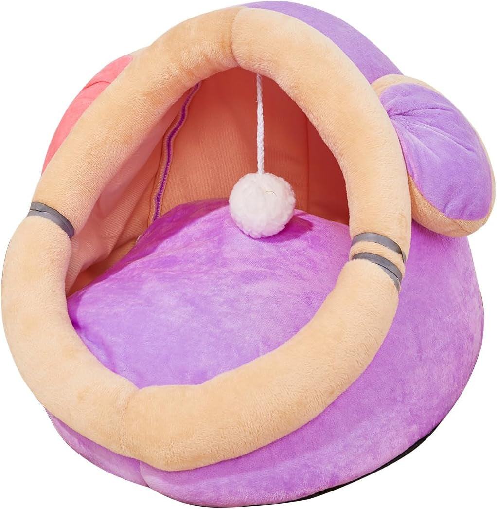 Indoor Cat Bed Cave with Removable Cushion - Pet Plush Warm Tent House Cartoon Rabbit Ear Design Pet Bed with Pompom for Cats Dogs Kitten Puppy and Rabbit Green L