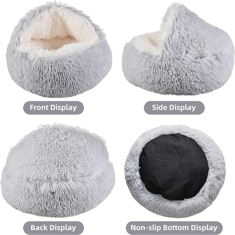 Cat Bed round Fluffy Hooded Cat Bed Cave with Non-Collapsed Plush Cover,Cat Bed Donut for Indoor Cats,Calming Dog Beds&Cat,Anti-Slip&Waterproof Bottom,Washable Bed,20Inch,Grey